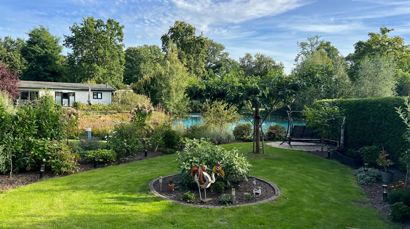 Vakantiehuisjes aan een vijver met fontein